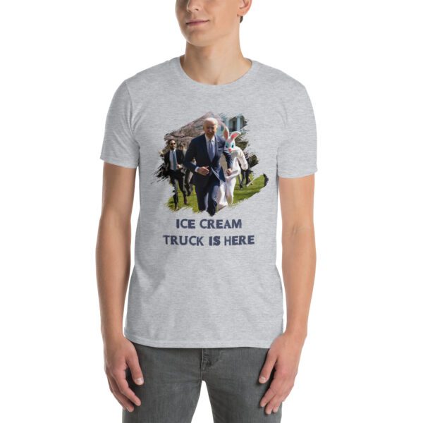 Person wearing a sport grey T-shirt featuring Joe Biden walking with Secret Service agents and a text overlay saying 'ICE CREAM TRUCK IS HERE