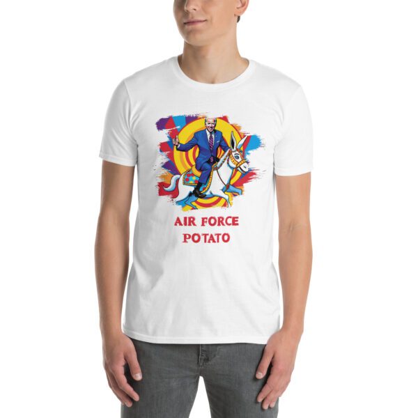Person wearing a white T-shirt with a humorous cartoon of Joe Biden riding a donkey labeled 'AIR FORCE POTATO