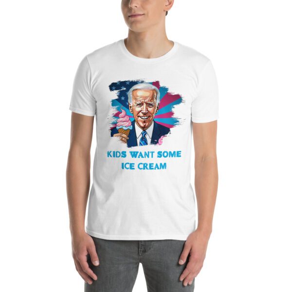 Man wearing a white T-shirt with a graphic of Joe Biden holding an ice cream cone and text that reads 'KIDS WANT SOME ICE CREAM