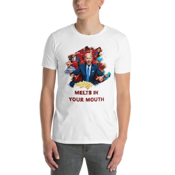 White T-shirt with a colorful graphic of Joe Biden in a movie theater, text below reads 'MELTS IN YOUR MOUTH